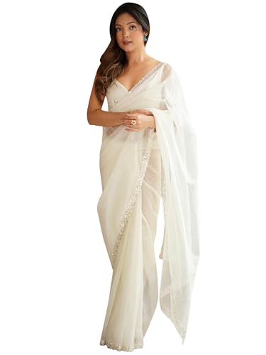 Image of AKHILAM Women's Net Embellished Saree With Unstitched Blouse Piece (AARYAN17101 KR Parent)