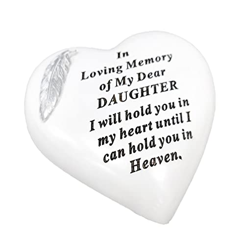 Placas conmemorativas con forma de corazón de piedra conmemorativa, decoración de tumbas personalizada, placas blancas y plateadas, con plumas, placas conmemorativas al aire libre, 15 x 15 cm (hija)