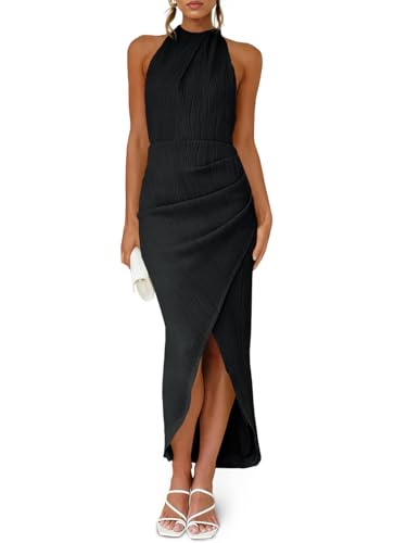 Fisoew Womens Halter Neck Party Dress Sleeveless Slit Textured Backless Sim Fit Ruched Sexy Midi Cocktail Dresses