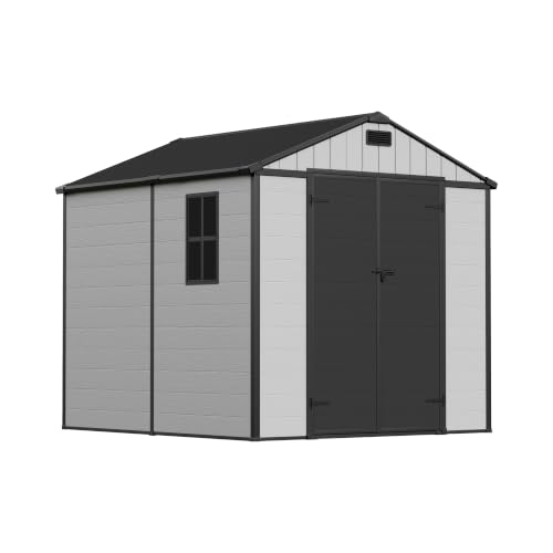 Image of Greesum 8x8FT Resin Shed with Floor, All-Weather Resistance, Light Gray | All-Weather Protection (Rain /Snow /UV) | Sloped Leak-Proof Roof | Heavy-Duty Reinforced Base | Lockable & Well-Ventilated