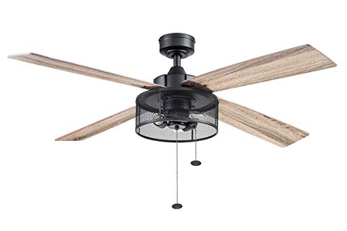 Prominence Home Mandino, 52 Inch Industrial Style LED Ceiling Fan with Light, Pull Chain, Dual Mounting Options, 4 Dual Finish Blades, Reversible Motor - Model 51591-01 (Matte Black) - Thumbnail 5