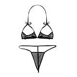 iEFiEL Transparent Damen Micro Bikini Set Spitze Bikinis mit Strings Tanga Mini Triangle Bra Neckholder Top BH Extrem Badeanzug Bademode Z Schwarz Brustfrei Einheitsgröße