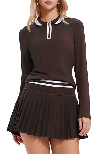 Image of Tennis Skirt Sets for Women Zipper Color Block High Waisted Golf Polo Two Piece Skirt Set Women 2 Piece Outfits