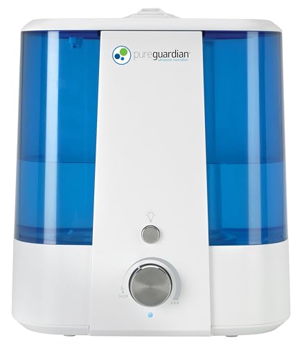 PureGuardian H1175WCA Ultrasonic Cool Mist Humidifier, 90 Hrs. Run Time, 1.5 Gal. Tank Capacity, 390 Sq. Ft. Coverage, Medium Rooms, Quiet, Filter Free, Silver Clean Treated Tank, Essential Oil Tray