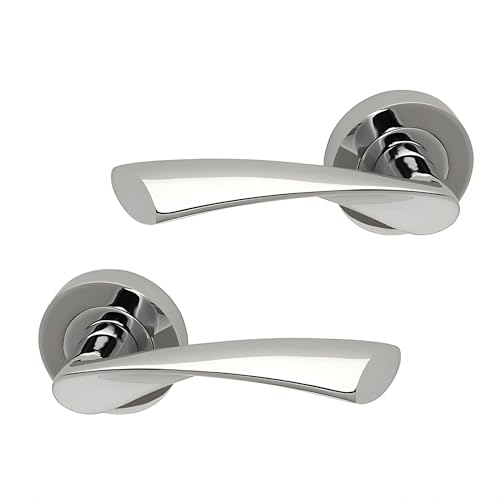 Image of UAP Zeta Internal Door Handles On Round Rose, Satin Chrome Lever Handles for Interior Wooden Doors, Keyless Pair