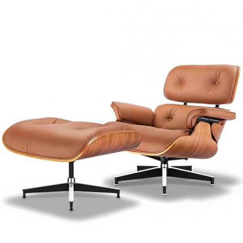 Asukale Leder Relaxsessel mit Hocker, Moderner Sessel Wohnzimmer, Drehbarer Chaiselongue mit Ottomane, Fester Neigungswinkel von 105°, TV-Sessel mit Gepolstertem Kissen, Braun (Verbesserte)
