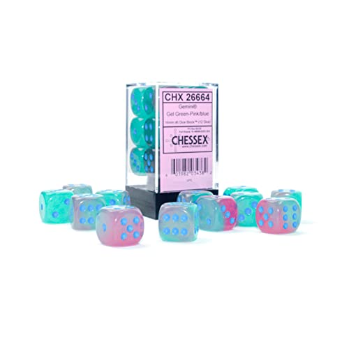 Gemini Dice Block | Set Of 12 Size D6 Dice Designed For Board Games, Roleplaying Games And Miniature Games | Premium Quality 16 Mm Dice | Luminary Gel Green, Pink And Blue Color | Made By Chessex #TOP25