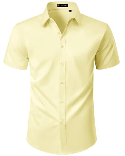 Lusead Light Yellow Mens Dress Shirt Lightweight Untucked Stylish Button