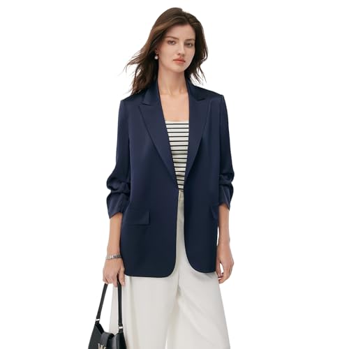 Women's Navy Blue Blazer, 3/4 Ruched Sleeves, Triacetate Material, Professional Wear2