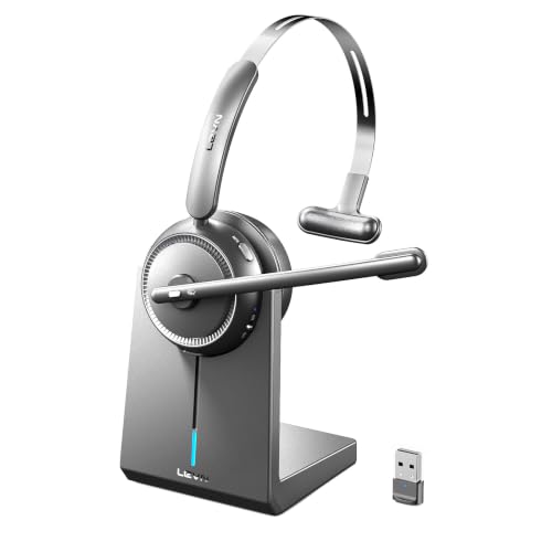 LEVN Wireless Headset 5.2 for Call Center, BluetoothHeadphones with Mic for Work(Noise Cancelling), 65 HoursWoktime & Mute Button,Wireless Headset for Work fromHome/Office/PC/Computer/Laptop(Silvery)