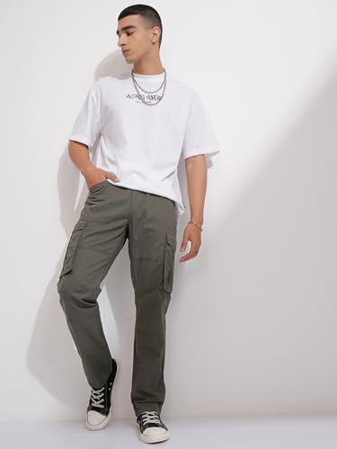 Image of Highlander Men's High-Rise Straight-Fit Cargo Trousers | Utility Pockets | Fashion & Function Blend | Carpenter Fit | Men Trousers | Trousers for Man |Cargo Pants for Men