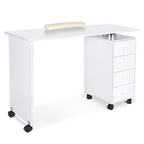 Mesa de escritorio de oficina para el hogar con 4 cajones deslizantes, estación de trabajo de salón de arte de manicura movible con ruedas con cerradura, escritorio de trabajo multifuncional