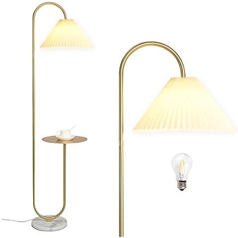 beaysyty Modern Elegant with Tray Floor Lamp for Office Cafe Den Living Room Bedroom, Foot Switch and Brass/Gold Finish,Light Yellow Pleated Cloth Lampshade Cover