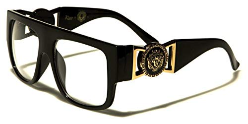 Kleo Square Gold Lion Head Medallion Buckle Retro Luxury Sunglasses/Eyeglasses w/Clear Lenses (Glossy Black & Gold, Clear Lenses)