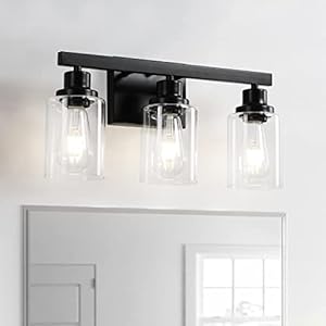 3-Light Bathroom Light Fixtures, Black Bathroom Vanity Light with Clear Glass Shade, Modern Bathroom Wall Lights Over Mirror, Farmhouse Wall Sconces Lighting for Bedroom LivingRoom