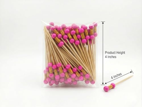 Image of Somani Decorative Bamboo Cocktail Picks Pink Bead | Double Ball Topper Fancy Food Picks for Appetizers, Drinks & Garnish | Cafe, Lounge, Bakery, Catering & Home Entertaining | Pack of 100