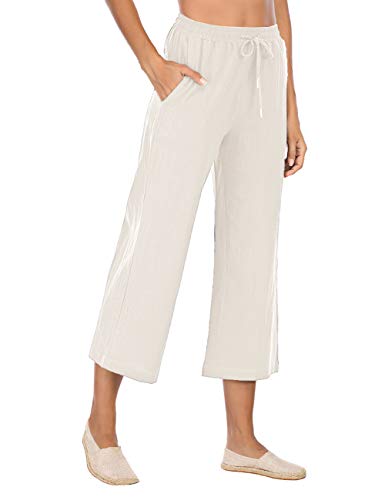 Famulily Women's Cotton Linen Wide Leg Pant Casual Loose Drawstring Cropped Trousers with Pockets, White, X-Large