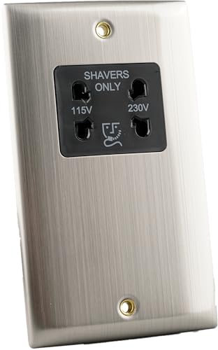 Dual Voltage Shaver Socket 115V / 230V Brushed Chrome Slim Edge Stainless Steel Bathroom Wall Outlet BS EN 61558 Compliant Wall Shaving Socket 1 Pack