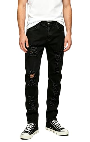 Men's Ripped Skinny Stretch Distressed Destroyed Slim Jeans Denim Pants Black 32