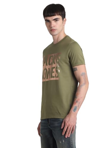 Image of Jack & Jones Men's Typography Printed Round Neck Short Sleeves Cotton Slim Fit Letter Print T-Shirt