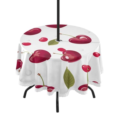 Wajiw 60 Inch Indoor Outdoor Round Tablecloth with Umbrella Hole and Zipper Waterproof Patio Table Cover for Camping Dining Room Party Outdoor Picnic,Cherry