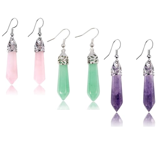 Real Natural Quartz Stone Healing Point Crystal Chakra Dangle Earrings for Women Gemstone Earring Healing Crystal Earring Jewelry Set (3 Pair)
