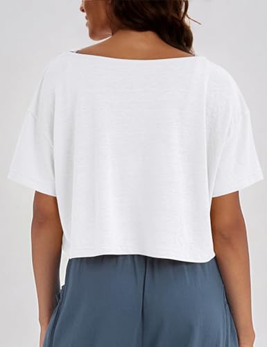 MISSACTIVER Oversized Off The Shoulder Top for Women Short Sleeve Boat Neck Crop Tee Loose Summer Workout Shirt2