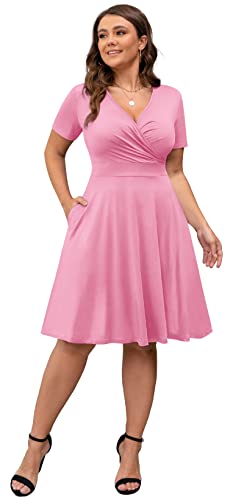 Image of POSESHE Womens Plus Size Dresses Summer Short Sleeve Wrap V-Neck Sundress Casual Wedding Guest Cocktail Dress with Pockets