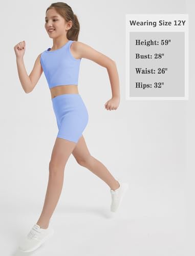 Image of EXARUS Girls 2 Piece Outfits Seamless Ribbed Cropped Tank Top Shorts Set | Teen Two Piece Outfit Tween Summer Dance Vacation Yoga Crew Neck Youth Athletic Workout Set Kids High Waist Elasticity 6-14Y