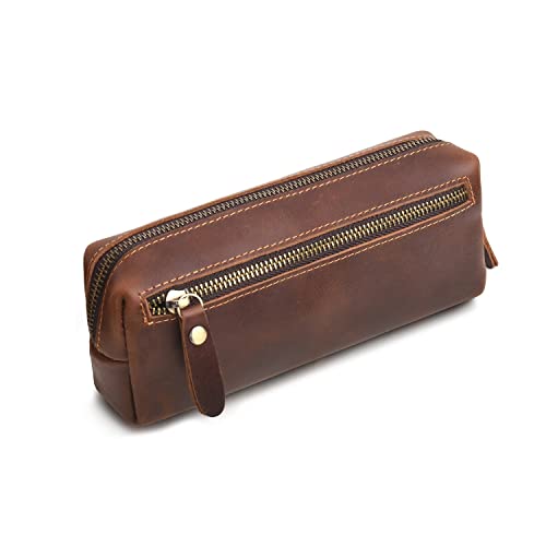 WONDERPOOL Federmäppchen aus Leder Etui Stifteetui Markerhalter Große Kapazität Tasche mit Seitentasche Reißverschluss für Erwachsene Studenten Schreibwaren Makeup Utensilien Organizer(Kaffee) Cover
