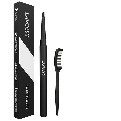 LAVOSSY Beard Pencil - DARK BROWN - Long Lasting and Easy to Use Beard Pen with Blending Brush for Sleek & Natural Look, Water/Sweat Proof