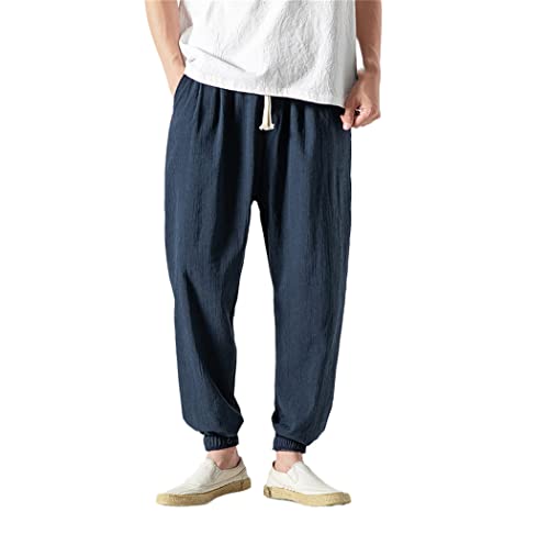 Sarouel style chinois bleu marine en coton et lin pour homme taille 31-35