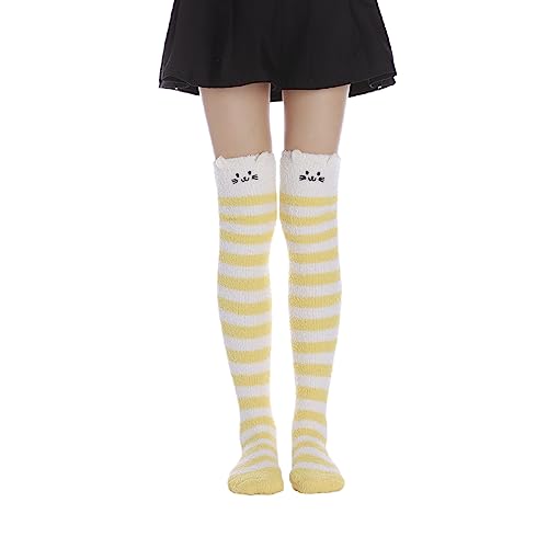 Image of Thigh High Fuzzy Socks Cute Animal Coral Fleece Over the Knee Thigh High Long Stockings Warm Stripe