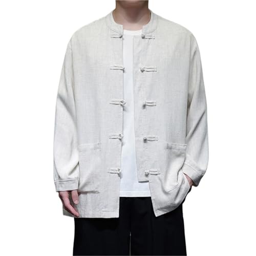 Men Chinese Style Shirts Traditional Kung Fu Tai Chi Cotton Linen Tang Suit Uniform Shirt Male Blouses Jacket Clothing(Beige,3XL)