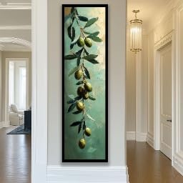 Branche d'olivier déco murale salon tableau vertical sans cadre pour couloir épuré