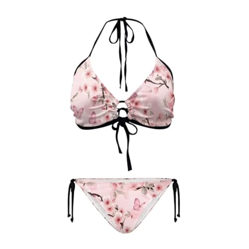 Youngerbaby Women Pink Butterfly Triangle Bikini Sets,Cherry Blossom Sexy 2 Piece Bathing Suits String Bikini Swimsuit Plus Size XL