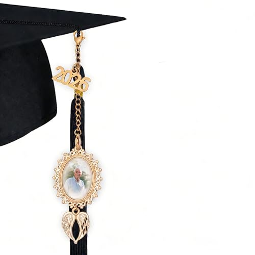 ARHTF Graduate Memorial Photo Charm Tassel Memorial Charm Class of 2026 Graduation 2026 DIY in Memory Mortarboard Decoration for Cap and Gown Ceremony Charms (gold heart tassel)
