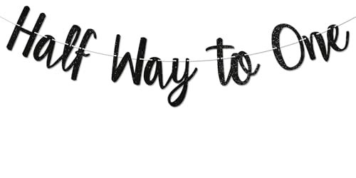 Nesinpa Half Way to One Banner, Baby's 6 Months Birthday Decorations, Black Glitter, 182.88 cm x 30.48 cm