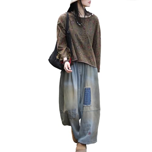 Women's Barrel Jeans Baggy Wide Leg Elastic Waist Denim Pants, Drop Crotch, High Waisted, Casual Cotton Jeans for Women