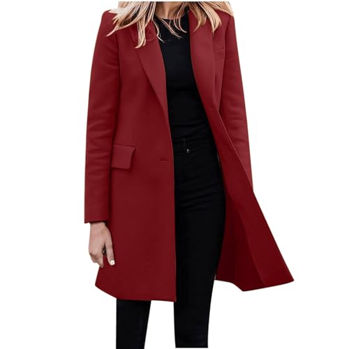 L9WEI Chaqueta de invierno para mujer, elegante, abrigo de lana, chaqueta de entretiempo, chaqueta de entretiempo para mujer, gabardina de moda, monocolor, abrigo resistente al viento, rojo, S