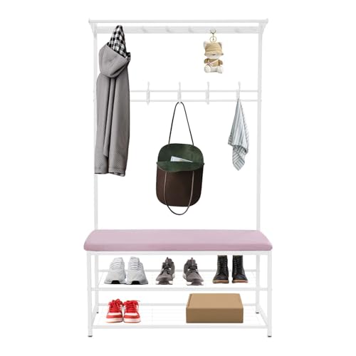 ZMGuythrd Porte Manteau Entrée, Range Chaussures, Vestiaire Multifonction, Structure Métal Robuste Avec Banc Coussin, Pour Entrée Salon Chambre, 6 Crochets,...