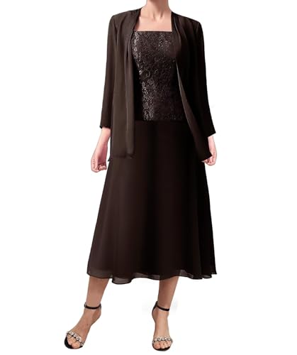 3 piezas de vestidos para madre de la novia, vestidos de noche formales de gasa con chaquetas de manga larga, marrón, S
