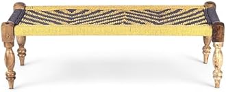 Ikiriya Hamilton Sheesham Wood 2 Seater Maachi Bench | Patio Bench in Yellow & Purple Rope Canning (4 Feet Width; 1 Yr. Warranty)