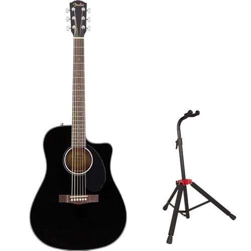 Fender CD-60SCE Dreadnought Cutaway Acoustic Electric Guitar Bundle with Fender Guitar Stand, Height-Adjustable with Sturdy Metal