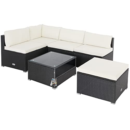 Casaria® Gartenmöbel Set Polyrattan 5 Personen Wetterfest Tisch 5mm Sicherheitsglas Lounge Outdoor Terrasse Eck Sofa Sitzauflagen Schwarz-Creme