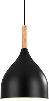 THAELY Simple Chic Pendant Lamp Personality Black Pendant Lights, 1-Light Hanging Lighting for Dining Room, Bedroom, Barn, Bar, Kitchen Lamp Fixture E27 with Wooden Top, 17cm, Dark