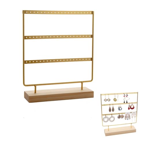 JOYOLA 60 Löcher Ohrring-Organizer Schmuckhalter Metallrahmen 3 Tier Ohrringständer mit Holzsockel Schmuckständer Ohrringhalter Ohrring Display Ständer für Hängende Ohrringe
