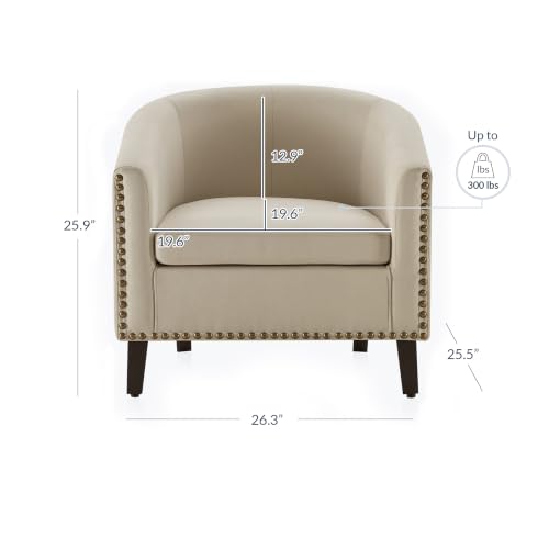 Image of BELLEZE Accent Barrel Chair, Modern Tub Club Chair Upholstered Armchair with Gold Nail Head Trim and Black Legs for Living Room Bedroom Apartment Lounge - Beige /Linen
