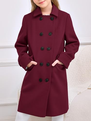Haloumoning Girls Double Breasted Trench Coat Kids Notch Lapel Long Peacoat with Pockets 5-14 Years4