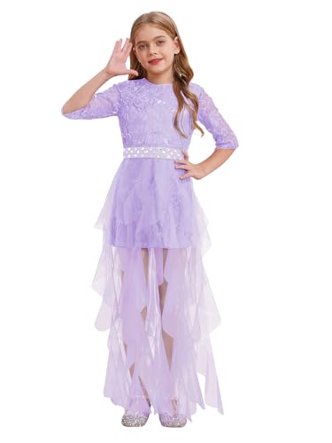 Xnihocha Vestido de fiesta para niños y niñas, estilo vintage, con flores, elegante, largo de noche, línea A, vestido festivo de comunión, Morado claro, 110-116